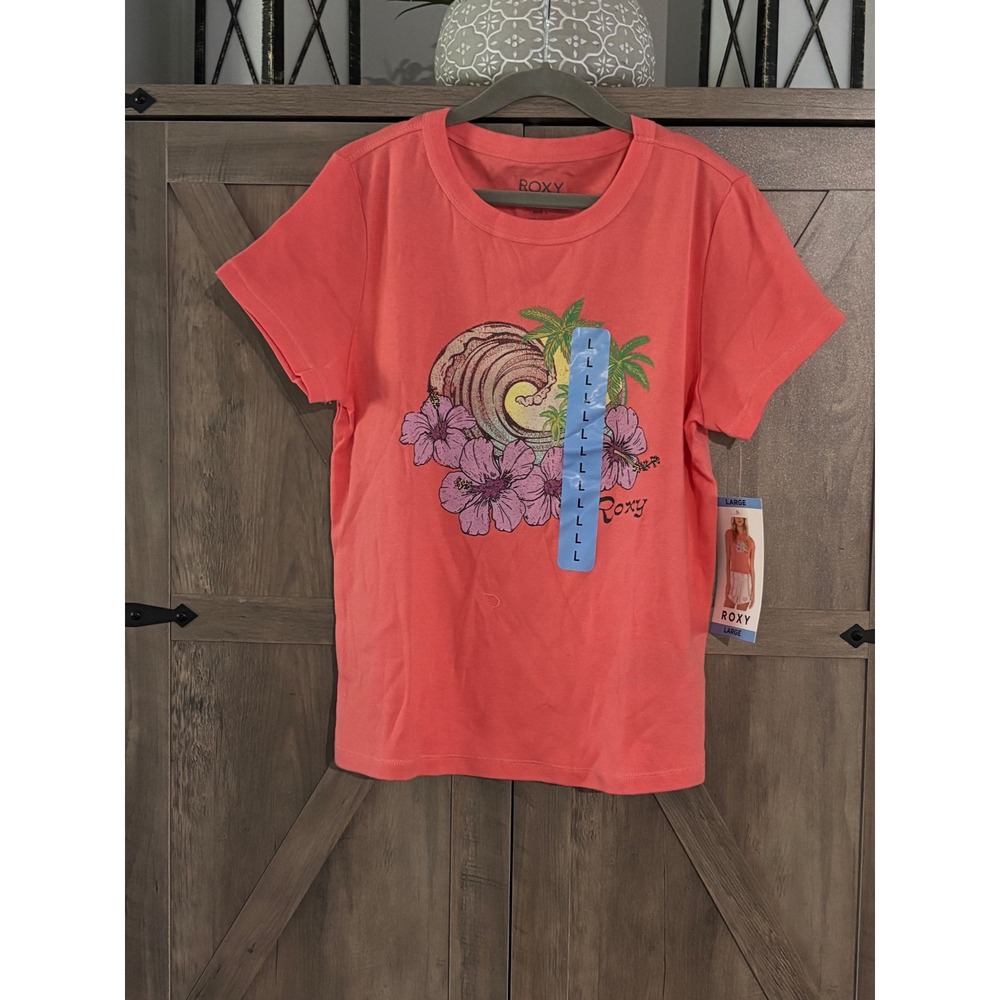Roxy Girls Surf Graphic T-Shirt Coral Pink Hibiscus Wave Tee Large NWT